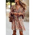 Brown Geometric Print Long Sleeve Surplice Flow...
