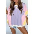 Purple Color Block Patchwork Half Sleeve Oversi...