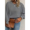 Black Stripe Drop Shoulder Puff Long Sleeve O N...