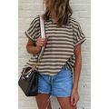 Brown Stripe Textured Side Slits Crew Neck T Shirt