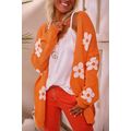 Orange Floral Print Knitted Open Front Loose Ca...