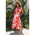 Red Floral Print Trimmed V Neck Ruffle Sleeve L...