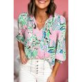 Green Floral Print V Neck Tied Loose Blouse