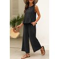Black Solid Color Ribbed Ruffle Tank Top and Pa...