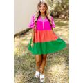 Multicolor Color Block Tiered Puff Sleeve Dress