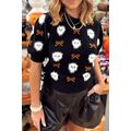Black Short Puff Sleeve Bow Knot Plush Skeleton...