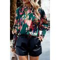 Green Abstract Print Smocked Cuffs Frilled Neck...
