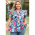 Blue Floral Flutter Sleeve Tied Notched Neck Pl...