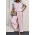 Pink Corded Colorblock Patchwork Short Sleeve T...