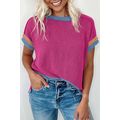 Bright Pink Textured Contrast Trim Round Neck T...