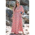 Red Floral Half Sleeve Deep V Neck Cutout Back ...