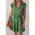 Green Floral Tie Split Neck Frilly Ruffle Trim ...