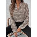 Khaki Geometric Print Notched Neck Puff Sleeve ...