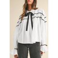 White Black Pipping Ribbon Bowtie Collared Ruff...
