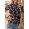 Brown Aztec Print Mock Neck Short Sleeve Mesh T...