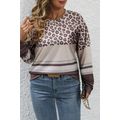 Coffee Plus Size Leopard Striped Long Sleeve Cr...