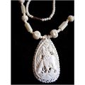 Vintage Retro Carved Ox Bone Oval Pendant 18" N...
