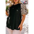 Black Daisy Printed Short Bubble Sleeve Plus Si...