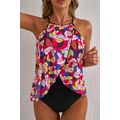 Purple Floral Print O Neck Open Back One Piece ...