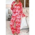Pink 2pcs Bow Print Shirt Style Long Sleeve Paj...