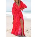 Orange Leafy Print 3/4 Sleeve V Neck Buttoned S...