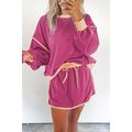Rose Red Color Contrast Loose Pullover and Lace...