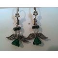 Angel Earrings Green Crystal Beaded Silver Ange...