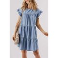 Beau Blue Ruffle Short Sleeve Tiered A-line Den...