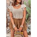 Beige Pointelle Knit Flutter Sleeve Sweater