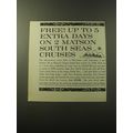 1960 Matson Cruise Line Ad - Free! Up to 5 extra days on 2 South Seas Cruises
