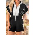 Black Contrast Collar Patchwork Zip Front Romper
