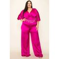 Satin Wrap Front Short Sleeve Smocked Waist Jum...