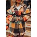 Orange Plaid Print Flap Pocket Long Jacket