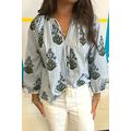 Beau Blue Striped Floral Printed Long Sleeve Ti...