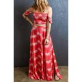 Red Floral Shirred Off Shoulder Crop Top and Sl...
