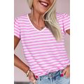 Bonbon Striped V Neck Ruffle Short Sleeve Top