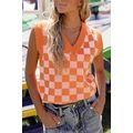 Russet Orange Checkered V Neck Knitted Sweater ...