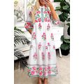 White Floral Print Half Button Mandarin Neck 3/...