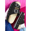 Black Suede Buckle Decor Footbed Sandal Slippers