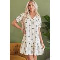 Beige Cute Bowknot Printed Bubble Sleeve V Neck...