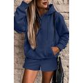 Navy Blue Button Drawstring Hooded Pullover and...