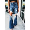 Blue High Waist Distressed Cutout Flare Leg Jeans