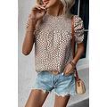 Khaki Leopard Shirred Round Neck Puff Sleeve Bl...