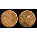 Singapore Five Cents 1990 Used Coin 5c Monstera...
