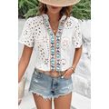 White Geometric Embroidery Hollow Out Blouse