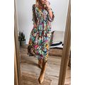 Green Floral Puff Sleeve V Neck Tassel Drawstri...