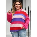 Pink Plus Size Striped Knit Pompom Puff Sleeve ...