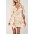 Apricot Boho Floral Tassel Tie V Neck Ruffle Wi...