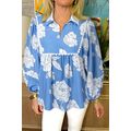 Sky Blue Floral Ricrac Trim Collared Puff Sleev...