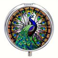 Peacock Themed Round Pill Box Metal 3 Compartment